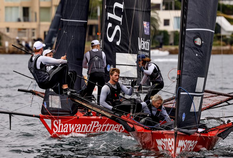 Leaders approach the weather mark during the 18ft Skiff Queen of the Harbour 2024 photo copyright SailMedia taken at Australian 18 Footers League and featuring the 18ft Skiff class