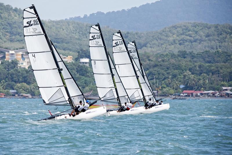 SL16 fleet on day 4 of the Youth Worlds in Langkawi photo copyright Christophe Launay taken at  and featuring the SL16 class