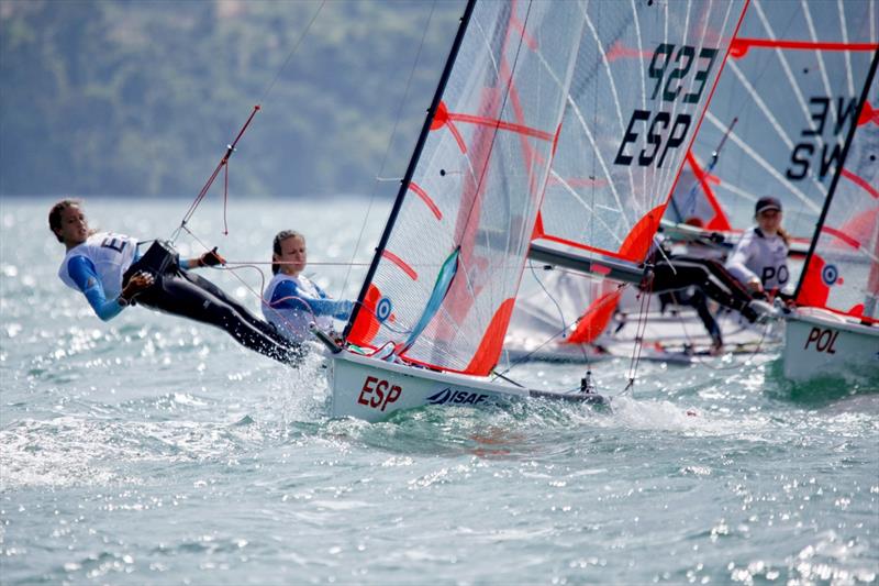 Spainish Girls 29er team on day 5 of the Youth Worlds in Langkawi photo copyright Christophe Launay taken at  and featuring the SL16 class