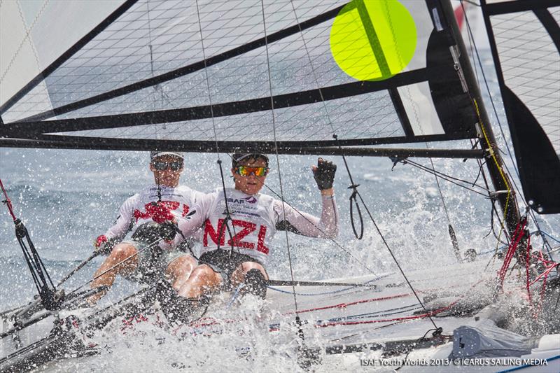 Isaac McHardie and Micah Wilkinson win the SL16 class at the Sail First ISAF Youth Worlds photo copyright Icarus / ISAF Youth Worlds taken at  and featuring the SL16 class