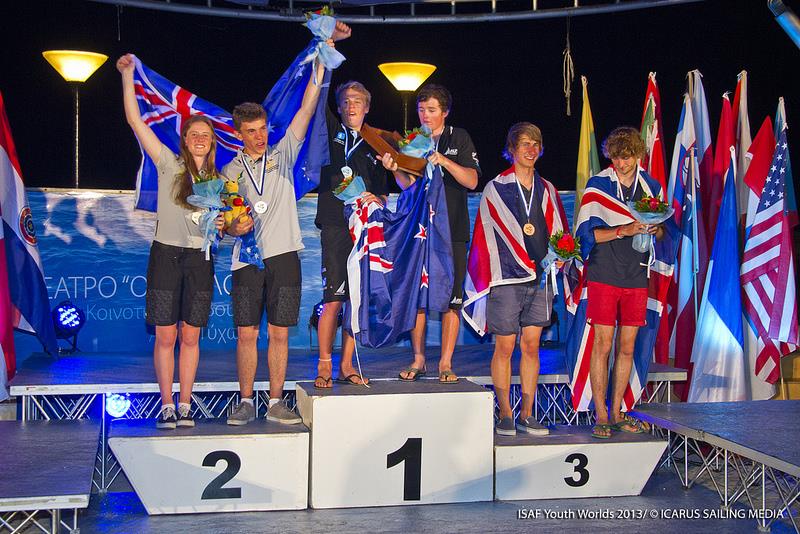 Lucy Copeland and Paul Darmanin on the SL16 podium at the Sail First ISAF Youth Worlds photo copyright Icarus / ISAF Youth Worlds taken at  and featuring the SL16 class