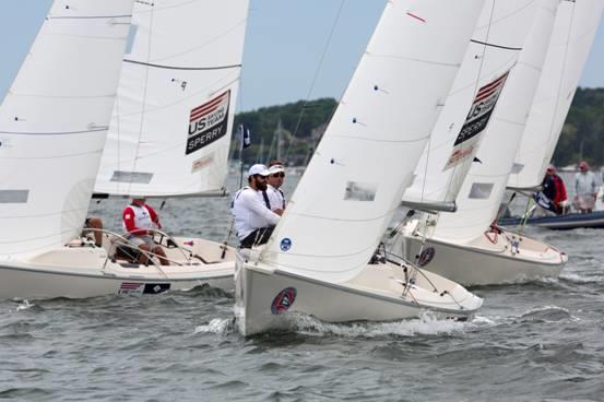 Sonars with Rick Doerr to the right of the fleet at the 2015 C. Thomas Clagett, Jr. Memorial Clinic and Regatta  photo copyright Billy Black taken at Sail Newport and featuring the Sonar class