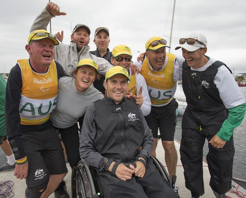 Australian Sonar and SKUD 18 sailors celebrate gold at the Rio 2016 Paralympic Sailing Competition photo copyright Richard Langdon / Ocean Images taken at  and featuring the Sonar class