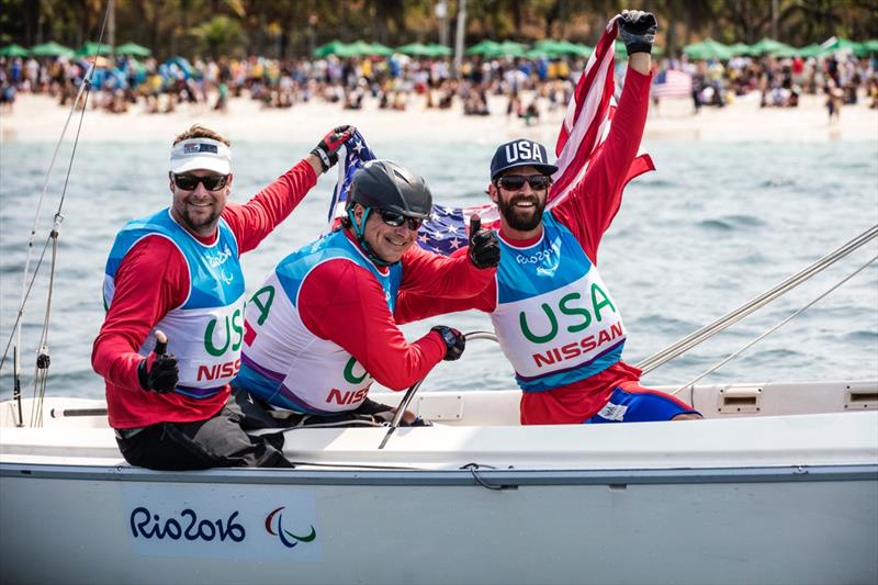 Silver for the USA Sonar team at the Rio 2016 Paralympic Sailing Competition photo copyright Richard Langdon / Ocean Images taken at  and featuring the Sonar class