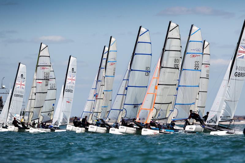 Multihull start on day 2 of the RYA Youth Nationals photo copyright Paul Wyeth / RYA taken at Hayling Island Sailing Club and featuring the Spitfire class