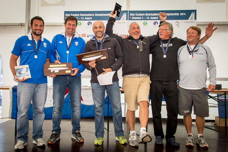 The podium of the International Star Class Eastern Hemisphere Championship: 1st: ITA 8491 Diego Negri and Sergio Lambertenghi, 2nd: GRE 8434 Emilios Papathanasiou and Antonis Tsotras, 3rd: USA 8320 George Szabo and Serge Pulfer - photo © Marc Rouiller / Star Sailors League 2014