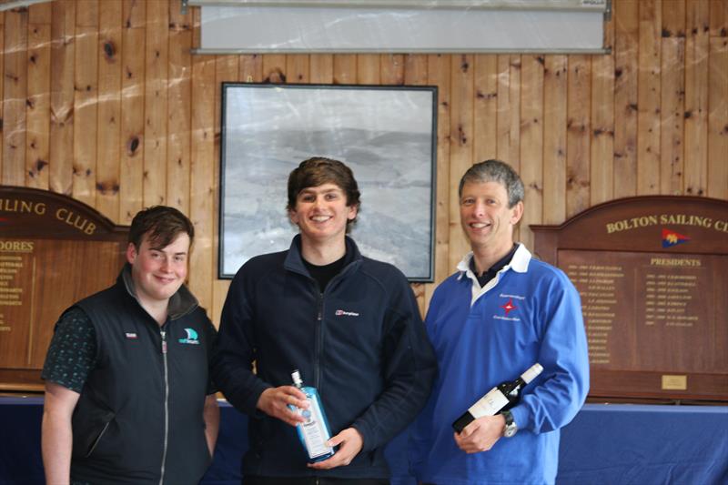 Noble Marine Supernova Open at Bolton prize giving (l to r) Peter Mackin, Winner Alex Collins & Andy Flitcroft - photo © Caz Hand