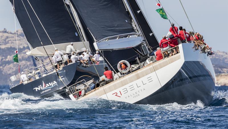 Filip Balcaen's Nilaya leads Salvatore Trifiro's Ribelle in the Supermaxi class on day 1 of the Maxi Yacht Rolex Cup at Porto Cervo photo copyright Rolex / Carlo Borlenghi taken at Yacht Club Costa Smeralda and featuring the Superyacht class