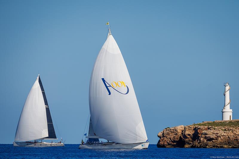 The Alarife 100 passing by the Espardell lighthouse - Ibiza JoySail photo copyright Nico Martínez taken at  and featuring the Superyacht class