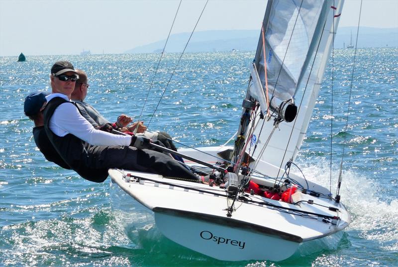 2021 National Swallow Champion Osprey sailed by James Hartley, Rob Sutherland, and Miles Palmer photo copyright Kirsty Bang taken at Itchenor Sailing Club and featuring the Swallow class