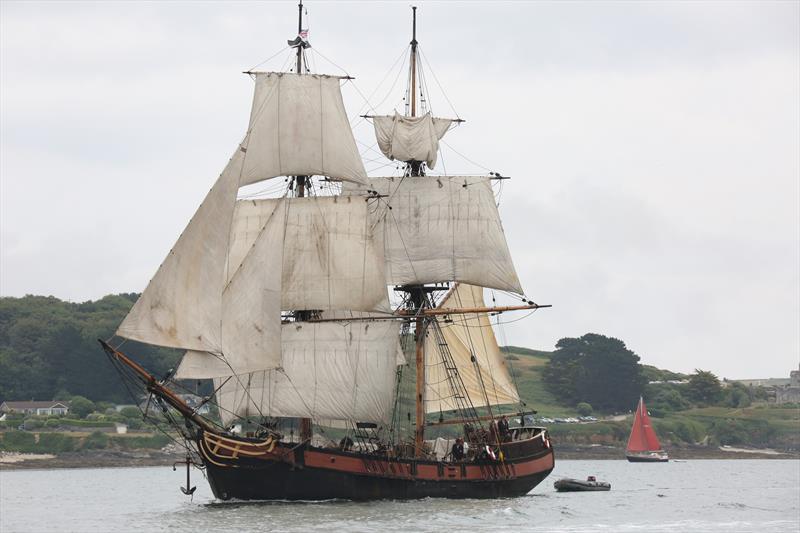 The Danish built Brig Phoenix leads the sailing vessels in the Sunday Parade photo copyright Nigel Sharp taken at Royal Cornwall Yacht Club and featuring the Tall Ships class
