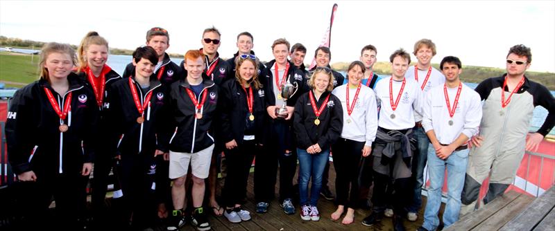 Medallists: Loughborough – Cambridge Blue – Oxford Blue at the BUCS-BUSA Team Racing Championships 2015 photo copyright Tony Mapplebeck taken at Notts County Sailing Club and featuring the Team Racing class