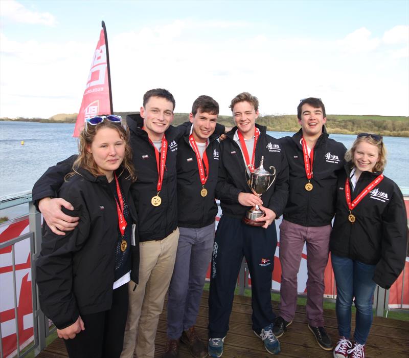 Champions:  Cambridge Blue: Hannah Bibby, Arthur Henderson, Josh Flack, Tom Maxwell, Tim Gratton  Francine Counsell at the BUCS-BUSA Team Racing Championships 2015 photo copyright Tony Mapplebeck taken at Notts County Sailing Club and featuring the Team Racing class