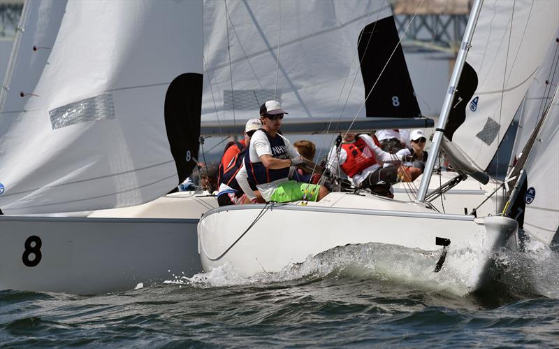 Sailors from Newport Harbor Yacht Club and New York Yacht Club manoeuvre for position during the start of the deciding race in the final series of the 2015 Morgan Cup photo copyright Stuart Streuli / New York Yacht Club taken at New York Yacht Club and featuring the Team Racing class