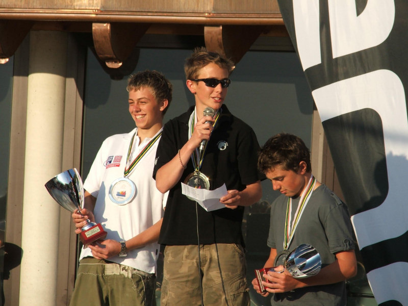 Andrew Brown, Topper World Champion Mike Wood and Freddie Connor at the Gul Topper Worlds at Malcesine, Lake Garda photo copyright Andy Billowes taken at  and featuring the Topper class