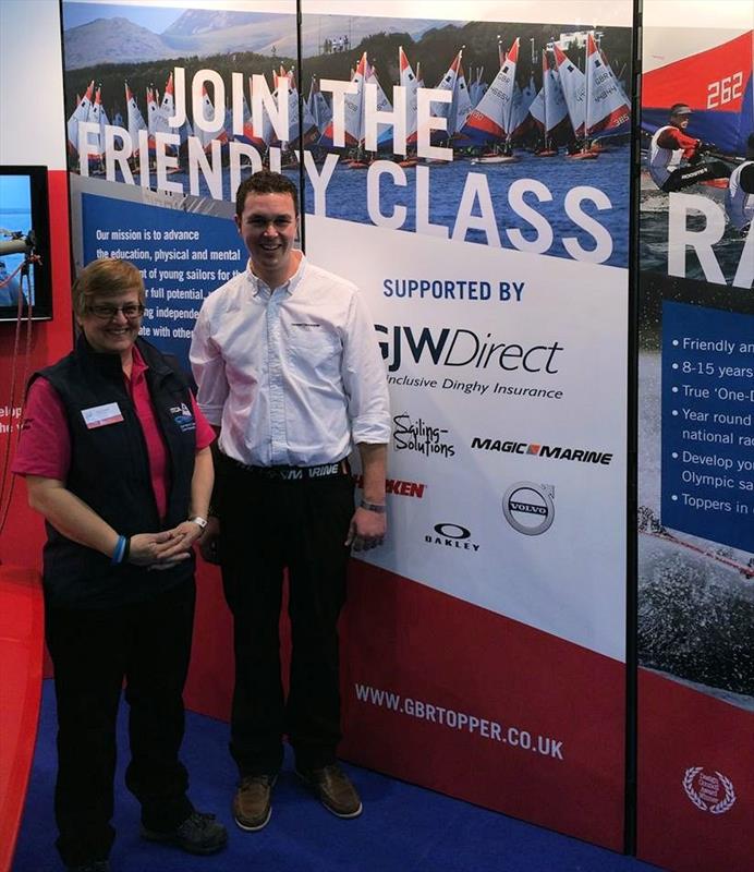 Sally Dugdale Chair of ITCA (GBR) celebrates the sponsorship deal for the Topper Nationals and National Series with Andy Taphouse Magic Marine's UK Sales Manager photo copyright ITCA (GBR) taken at RYA Dinghy Show and featuring the Topper class