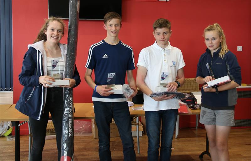 (l-r) Winner Gemma Mcdonnell with her new sail, 2nd David peaty, 3rd Charlie Turnbull and 1st Non Squad sailor Kate Robertson photo copyright Lisa Peaty taken at Draycote Water Sailing Club and featuring the Topper class