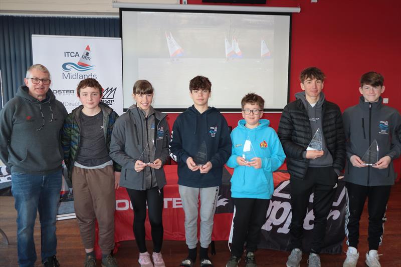 Winners collecting their prizes from Russ Dent (Topper Sailboats) during the ITCA Midlands Topper Traveller Series 2021-22 at Draycote Water photo copyright Gavin Fleming taken at Draycote Water Sailing Club and featuring the Topper class