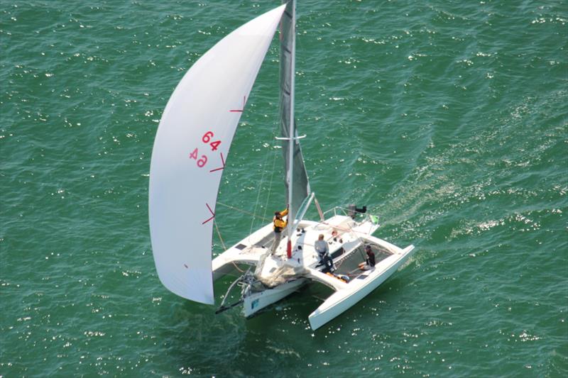 Tom Reese's Corsair 28R flight simulator out of Youngstown, NY, is one of six multihulls racing  on day 1 at 2014 Sperry-Top Sider Charleston Race Week photo copyright Holy City Helicopter Photo taken at Charleston Yacht Club and featuring the Trimaran class