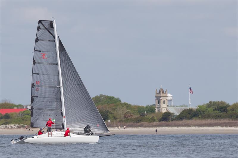 Todd and Ryan Howe from Rochester, NY on their Farrier F-25C Panic Button on the final day at 2014 Sperry-Top Sider Charleston Race Week photo copyright Meredith Block / 2014 Sperry Top-Sider Charleston Race Week taken at Charleston Yacht Club and featuring the Trimaran class