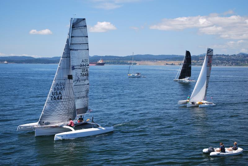 Stage 2 Pure and Wild and Pear Shaped Racing leaving Victoria photo copyright Race to Alaska / Ashlyn Brown taken at  and featuring the Trimaran class