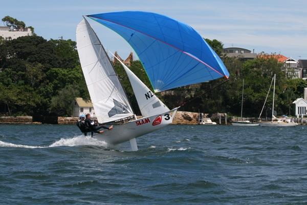Kiwis on C-Tech airborne at a previous Interdominion photo copyright Rolf Lunsman taken at Australian 18 Footers League and featuring the 12ft Skiff class