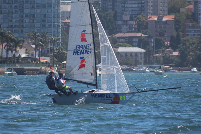 Michael Spies and Robbie Polec (Hempel Paints) were unlucky on day 2 of the 12ft Skiff Interdominions photo copyright Vita Williams taken at Australian 18 Footers League and featuring the 12ft Skiff class