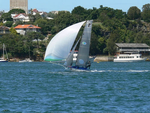Dimension Polyant (AUS) took off and her crew never looked back on day 2 at the 12ft Skiff Interdominions photo copyright Rob Drury taken at Sydney Flying Squadron and featuring the 12ft Skiff class