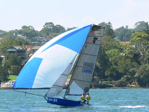Garde leaps out of the water down the run on day 2 at the 12ft Skiff Interdominions photo copyright Rob Drury taken at Sydney Flying Squadron and featuring the 12ft Skiff class