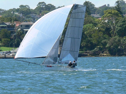 Two on the wire on Nuplex as they chase Dimension Polyant on day 2 at the 12ft Skiff Interdominions photo copyright Rob Drury taken at Sydney Flying Squadron and featuring the 12ft Skiff class