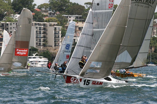 Going up the first beat on day 3 at the 12ft Skiff Interdominions photo copyright Rolf Lunsman taken at Sydney Flying Squadron and featuring the 12ft Skiff class