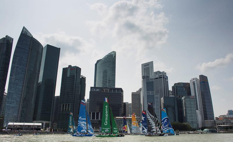 The 12-boat Extreme 40 fleet raced within the confines of Marina Bay on day one in Singapore photo copyright Lloyd Images taken at  and featuring the Extreme 40 class