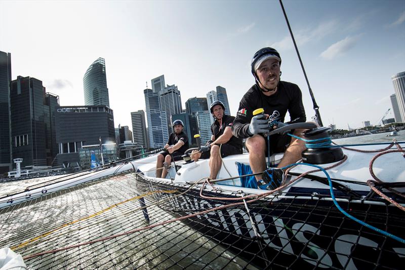 Onboard with The Wave, Muscat on day 2 of Extreme Sailing Series Act 1, Singapore photo copyright Lloyd Images taken at  and featuring the Extreme 40 class