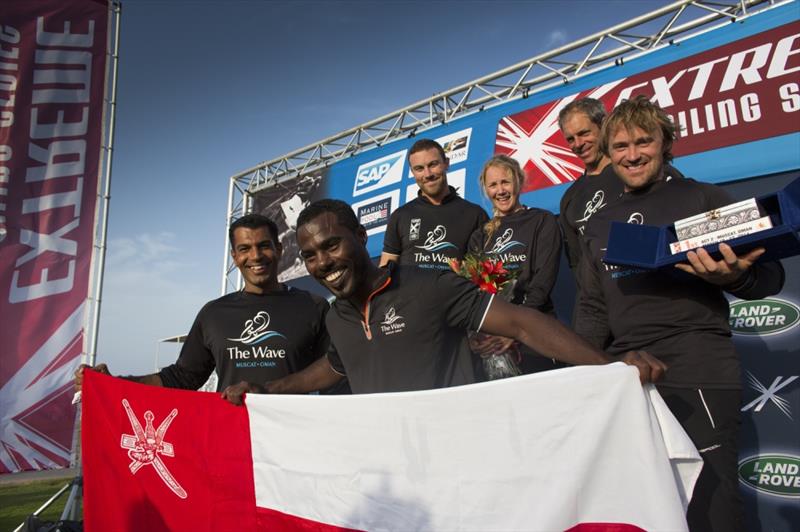 The Wave, Muscat celebrate their victory on their home waters at Extreme Sailing Series Act 2 photo copyright Lloyd Images taken at Oman Sail and featuring the Extreme 40 class