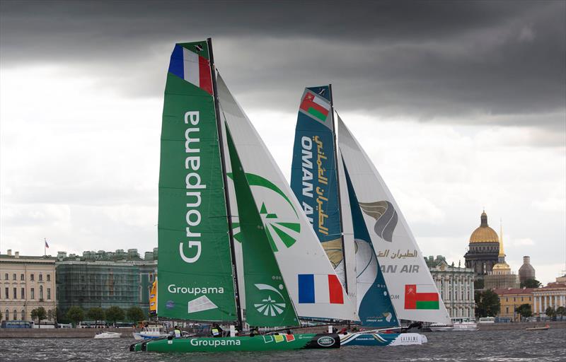 Groupama sailing team and Oman Air go head to head in the Saint Petersburg racecourse on the opening day of Act 4 in Russia photo copyright Lloyd Images taken at  and featuring the Extreme 40 class
