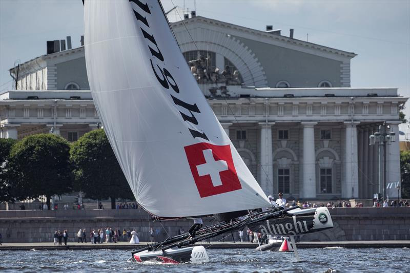 Alinghi charge to the finish line on day 3 Act 4 in Saint Petersburg, Russia photo copyright Lloyd Images taken at  and featuring the Extreme 40 class