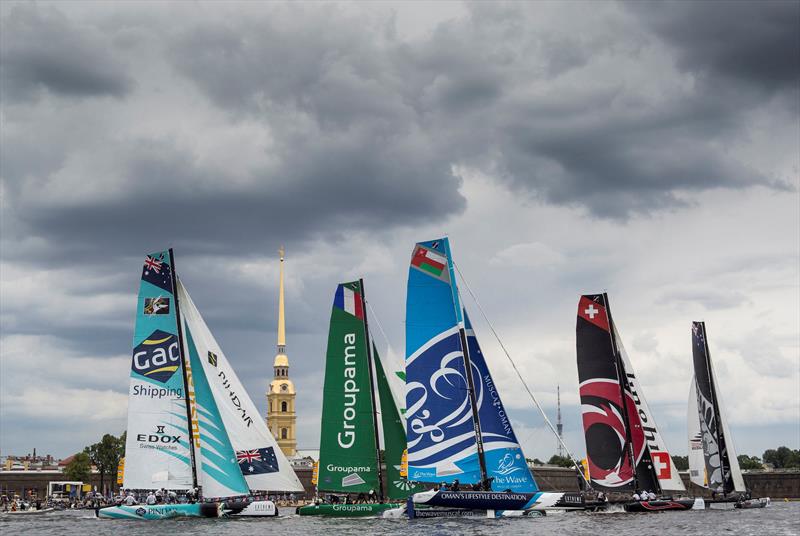 The fleet race past the Extreme Club, in front of the unmistakable spire of the Peter and Paul Fortress on day 4 Act 4 in Saint Petersburg, Russia photo copyright Lloyd Images taken at  and featuring the Extreme 40 class