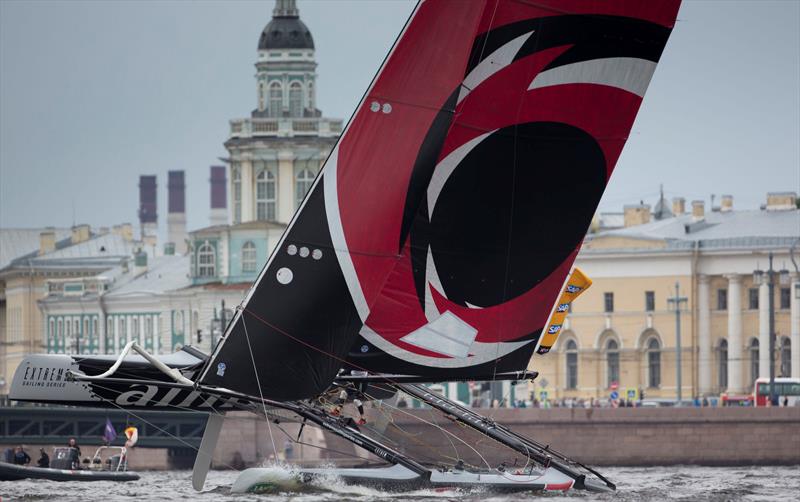 Alinghi fly a hull as they power around the tight racecourse of the River Neva on day 4 Act 4 in Saint Petersburg, Russia photo copyright Lloyd Images taken at  and featuring the Extreme 40 class
