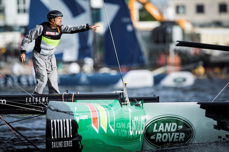 GAC Pindar crashed into the side of Groupama sailing team, impaling their bow in the side of the French team on day 1 of Act 5, Cardiff photo copyright Lloyd Images taken at  and featuring the Extreme 40 class