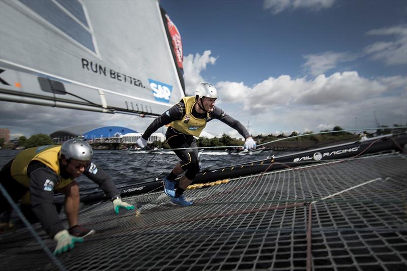 Onboard with SAP Extreme Sailing Team as they scramble across the trampoline on day 2 of Act 5, Cardiff - photo © Lloyd Images