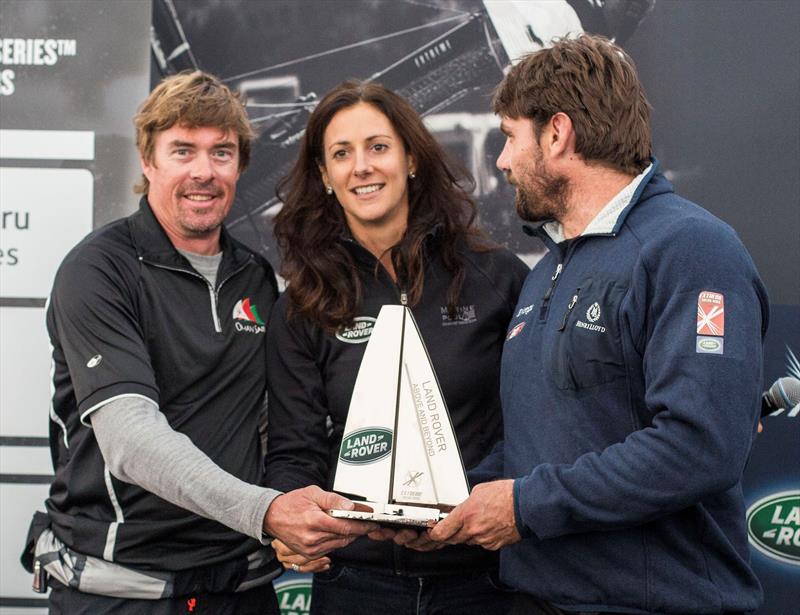 Jo Lees (Oman Sail) and Jono Macbeth with Land Rover Global Brand Ambassador, Hannah White at Extreme Sailing Series Act 5, Cardiff photo copyright Lloyd Images taken at  and featuring the Extreme 40 class
