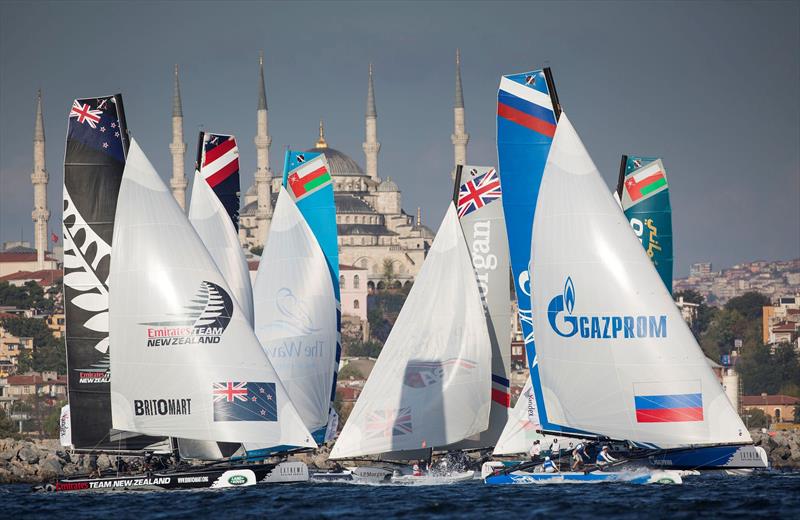 The fleet against the iconic Istanbul cityscape, with the Blue Mosque in the background on day 1 of Act 6, Istanbul photo copyright Lloyd Images taken at  and featuring the Extreme 40 class