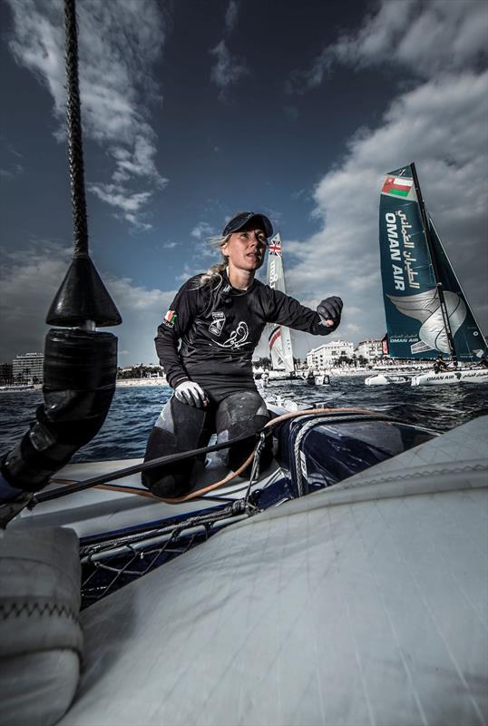 The Wave, Muscat's tactician, Sarah Ayton keeps an eye on the clock on day 3 of Extreme Sailing Series Act 7, Nice photo copyright Lloyd Images taken at  and featuring the Extreme 40 class