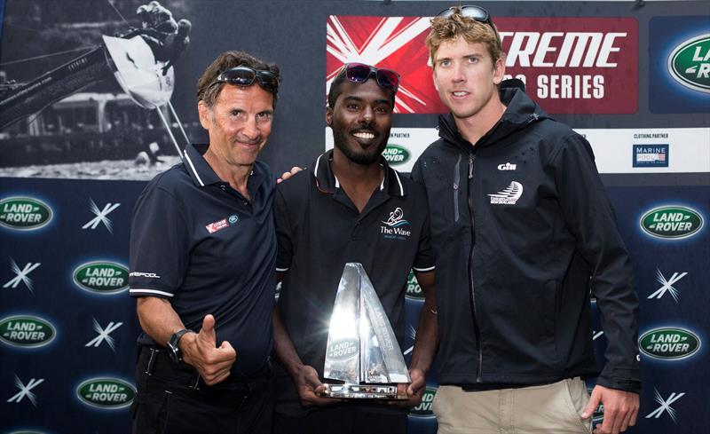 Land Rover France Ambassador Eric Loizeau (left) with Sueleiman Al Manji (centre) and Emirates Team New Zealand Skipper Peter Burling (right) receiving his Land Rover Above and Beyond Award at Extreme Sailing Series Act 7, Nice - photo © Lloyd Images