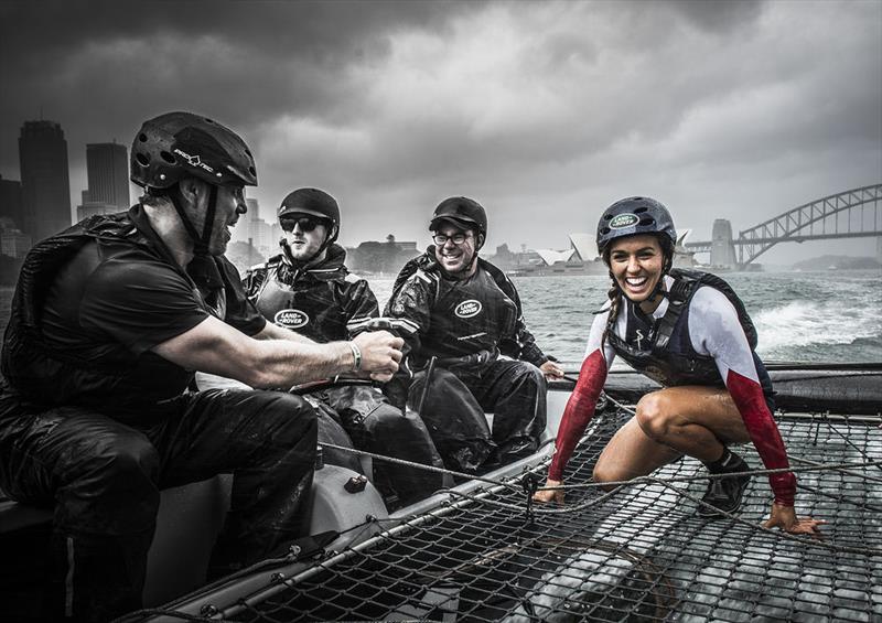 Two of Australia's most decorated sporting talents Phil Waugh and Sally Fitzgibbons onboard the Land Rover Extreme 40 photo copyright Lloyd Images taken at  and featuring the Extreme 40 class