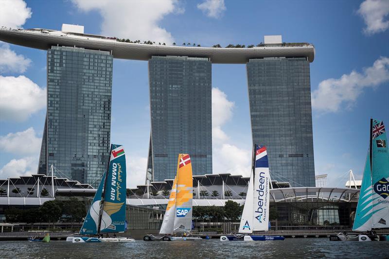 Eight races were sailed on day 1 of Extreme Sailing Series Act 1, Singapore 2015 photo copyright Lloyd Images taken at  and featuring the Extreme 40 class