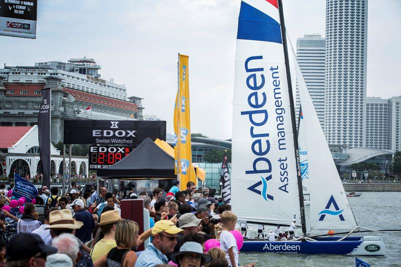The local team raced close to the crowds at Extreme Sailing Series Act 1, Singapore 2015 photo copyright Lloyd Images taken at  and featuring the Extreme 40 class