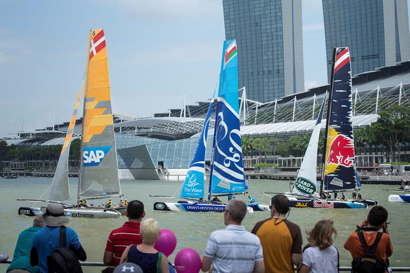 The three front runners power off the startline at Extreme Sailing Series Act 1, Singapore 2015 photo copyright Lloyd Images taken at  and featuring the Extreme 40 class