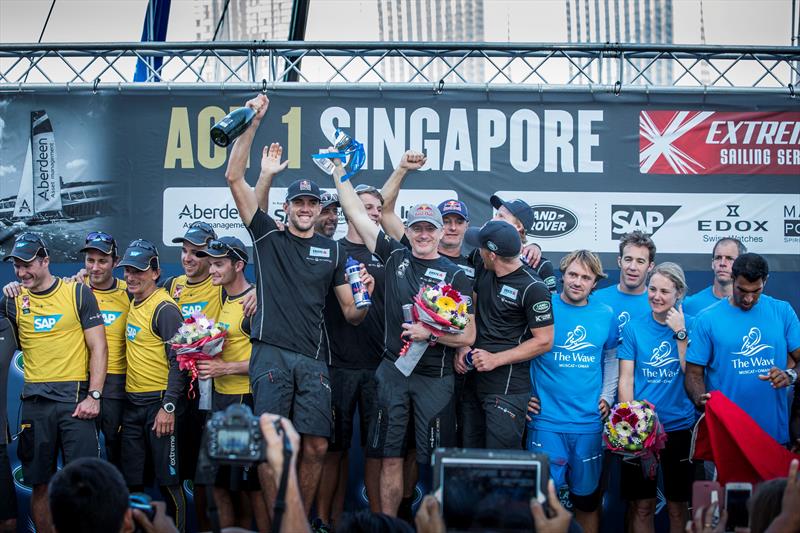 Red Bull Sailing Team, SAP Extreme Sailing Team and The Wave, Muscat take their positions on the podium at Extreme Sailing Series Act 1, Singapore 2015 photo copyright Lloyd Images taken at  and featuring the Extreme 40 class