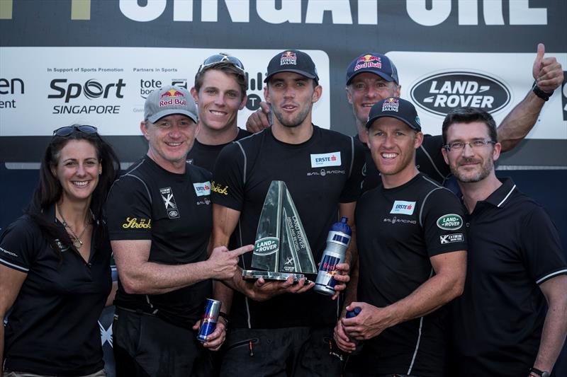 Red Bull Sailing Team celebrate Jason Waterhouse receiving the Land Rover Above & Beyond Award at Extreme Sailing Series Act 1, Singapore 2015 photo copyright Lloyd Images taken at  and featuring the Extreme 40 class